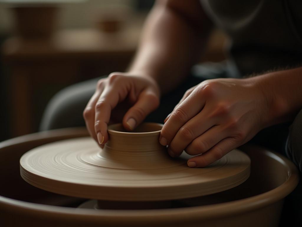 Potter's hands shaping clay on a wheel