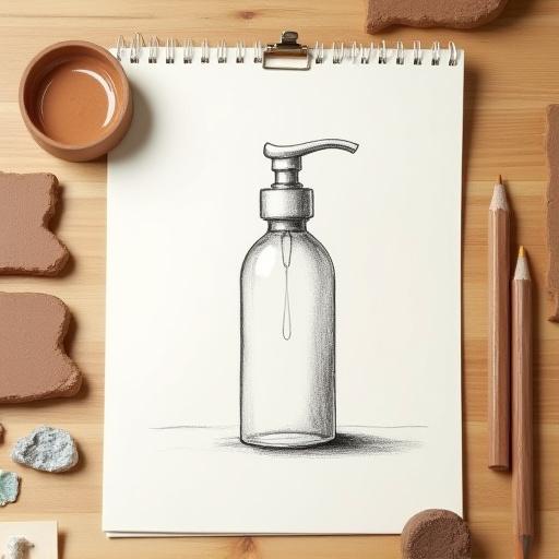 A hand-drawn sketch of a cosmetic bottle next to material samples