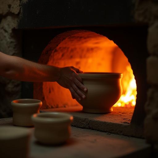 A potter placing ceramic pieces into a kiln