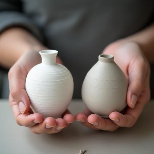 Hands comparing a 3D printed model with a clay prototype