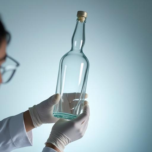 Hands in white gloves inspecting a finished glass bottle