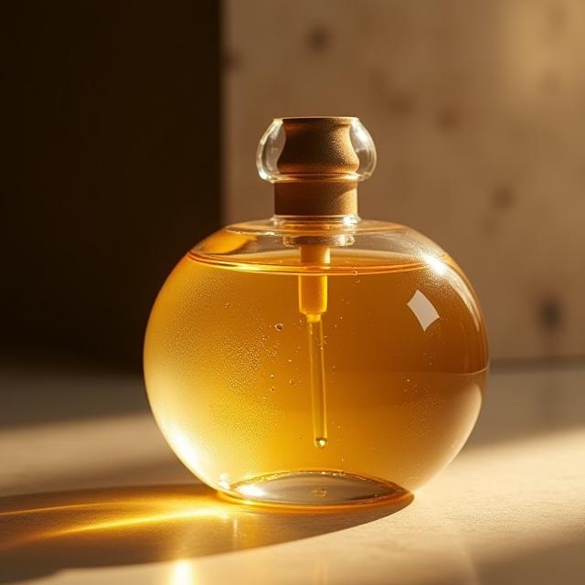 An artisan glass bottle with slight imperfections holding a golden serum