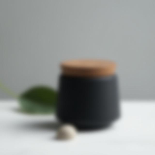A bespoke matte black ceramic cream jar with a wooden lid