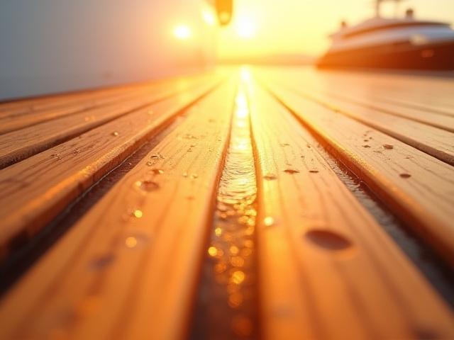 Clean teak deck of a yacht with water droplets, sparkling under sunlight.