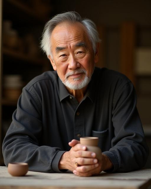 A portrait of the master craftsman, Kenichi Takahashi, in his workshop.