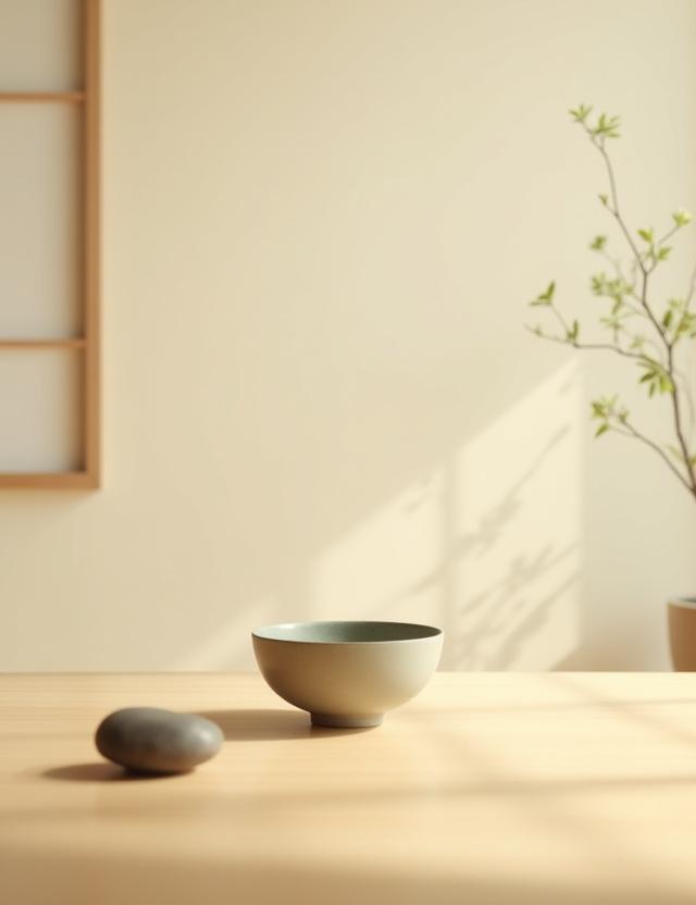 Minimalist Japanese interior with a ceramic diffuser on a wooden table, soft light
